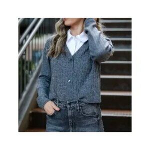 NWT $295 STAUD Wallis Ribbed Cropped Cardigan Sweater Gray Wool White Women’s M